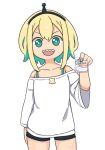  1girl amano_pikamee aqua_eyes aqua_hair aqua_nails basukechi black_hairband black_shorts blonde_hair bra_strap cocaine commentary cowboy_shot drugs hairband highres holding medium_hair off-shoulder_shirt off_shoulder open_mouth sharp_teeth shirt short_shorts shorts smile solo teeth v-shaped_eyebrows virtual_youtuber voms 