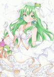  1girl alternate_costume blush bouquet breasts bridal_gauntlets bridal_veil closed_mouth dot_nose dress earrings frog_hair_ornament green_eyes green_hair hair_ornament hair_tubes highres jewelry kochiya_sanae large_breasts looking_at_viewer marker_(medium) necklace petticoat single_hair_tube single_sidelock sleeveless sleeveless_dress smile snake_hair_ornament solo touhou traditional_media twitter_username upper_body veil wedding_dress white_dress yuiki_(cube) 