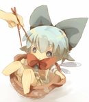 :&lt; bad_id bad_pixiv_id barefoot blue_eyes blue_hair bow chibi chopsticks cirno cup dress hair_bow in_container in_cup masirosu minigirl short_hair solo touhou wings 