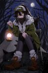  1girl absurdres baseball_cap black_pantyhose breath brown_hair coat commission english_commentary full_body full_moon fur-trimmed_coat fur_trim green_coat green_eyes hakyusiku hand_on_own_knee hat high_ponytail highres holding holding_lantern indie_virtual_youtuber kara_wilderwood lantern looking_at_viewer moon night pantyhose ponytail second-party_source sitting solo turtleneck wolf 