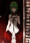  black_gloves downcast_eyes eyewear_on_head fashion glasses gloves green_eyes green_hair gumi highres mille_(dieci) red-framed_eyewear red_string short_hair short_hair_with_long_locks sidelocks skirt solo string uso_to_diamond_(vocaloid) vocaloid 