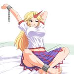  ankle_cuffs arms_up barefoot blonde_hair breasts chain commentary_request cuffs fang feet horn hoshiguma_yuugi indian_style katwu_(gensou_ninja_yashiki) large_breasts long_hair long_skirt midriff one_eye_closed red_eyes sitting skirt solo stretch toes touhou 