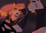  2boys animal_ears artxtcy111 axel_(rtf) cactus claws closed_eyes closed_mouth cooper_krager crossed_arms driving fang fang_out furry furry_male hashtag-only_commentary highres male_focus multiple_boys remember_the_flowers saguaro sleeping smile tiger_boy tiger_stripes wolf_boy wolf_ears 