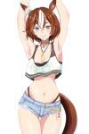  1girl animal_ears aqua_eyes armpits arms_up bamboo_memory_(ultra_marine)_(umamusume) bamboo_memory_(umamusume) bare_shoulders bikini bikini_under_clothes black_bikini blue_shorts blush bracelet breasts brown_hair closed_mouth collarbone commentary_request cowboy_shot crop_top groin highres horse_ears horse_girl jewelry looking_at_viewer midriff multicolored_hair multicolored_nails navel necklace osage_gankyou panty_straps shirt short_shorts shorts simple_background skindentation small_breasts smile solo standing stomach streaked_hair swimsuit tank_top thigh_gap umamusume white_background white_shirt 