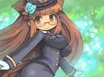  animal_ears bangs blunt_bangs blush brown_eyes brown_hair flower glasses gloves hair_flower hair_ornament hat hydrangea impossible_clothes long_hair original police police_uniform seyano_ajisai shigatake sidelocks smile solo tail uniform 