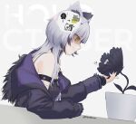  !? 1girl absurdres animal_ears arm_strap arrow_(symbol) black_coat black_dress black_flower black_hair cat_ears cat_girl closed_mouth coat dress english_commentary flower fur-trimmed_coat fur_trim grey_hair hazel_(hzlform) highres hololive hololive_english image_in_thought_bubble multicolored_hair plant potted_plant ribbon shiori_novella shiori_novella_(1st_costume) smile solo two-tone_hair virtual_youtuber white_ribbon yellow_eyes 