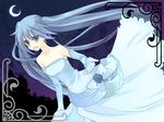  bare_shoulders blue_eyes blue_hair blush crescent_moon dress dutch_angle elbow_gloves gloves hatsune_miku long_hair moon night night_sky sky smile solo strapless strapless_dress temari_(deae) twintails very_long_hair vocaloid 