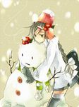  black_legwear bow braid bucket gloves long_hair midnightbird sekka_yufu silver_hair skirt snow snowman solo thighhighs utau 