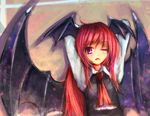  arms_behind_head bad_id bad_pixiv_id bat_wings dot_heit fang head_wings koakuma long_hair one_eye_closed open_mouth purple_eyes red_hair solo touhou wings 