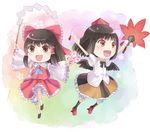  bow chibi detached_sleeves fan geta gohei hair_bow hakurei_reimu hat hauchiwa multiple_girls ofuda shameimaru_aya short_hair tadokoro_teppei tengu-geta tokin_hat touhou wings 