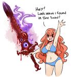  1girl bikini blue_bikini curly_hair english_text glasses highres holding holding_sword holding_weapon murgoten orange_hair original solo soul_edge_(weapon) soulcalibur swimsuit sword weapon 