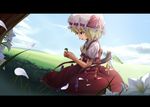  blonde_hair clover collaboration colorized crystal dirt eto fingernails flandre_scarlet flower four-leaf_clover hat letterboxed looking_down meadow open_mouth petals red_eyes shade short_hair side_ponytail sitting skirt solo staring touhou wallpaper wings yuu_(kyuutai_kansetsu) 