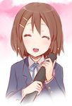  :d blazer blush brown_hair closed_eyes diploma face ha-ru hair_ornament hairclip hirasawa_yui jacket k-on! open_mouth ribbon round_teeth short_hair smile solo tears teeth tube upper_body 