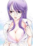  blue_eyes bra breasts cleavage eyelashes glasses hair_ornament hairclip heartcatch_precure! large_breasts lingerie long_hair nene_(narcisse) open_clothes open_mouth open_shirt precure purple_hair shirt solo tsukikage_yuri underwear very_long_hair wet 