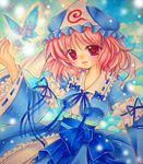  bad_id bad_pixiv_id blush bow breasts bug butterfly ghost hat insect japanese_clothes nekogatsu_kirara open_mouth pink_eyes pink_hair saigyouji_yuyuko short_hair small_breasts solo touhou traditional_media 