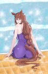  1girl absurdres animal_ears ass blue_eyes blue_one-piece_swimsuit bow braid braided_bangs brown_hair commentary competition_school_swimsuit criss-cross_back-straps double-parted_bangs ear_bow from_behind hair_between_eyes highres horse_ears horse_girl horse_tail huge_ass long_hair looking_back low-braided_long_hair low-tied_long_hair multicolored_hair one-piece_swimsuit osage_gankyou pool poolside school_swimsuit single_vertical_stripe sitting solo streaked_hair super_creek_(umamusume) swimsuit tail tail_through_clothes tracen_swimsuit umamusume very_long_hair wading white_hair wide_hips 