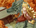  animal_ears bad_id bad_pixiv_id braid dragon fox_ears japanese_clothes kureta_(nikogori) miko original riding solo tail 