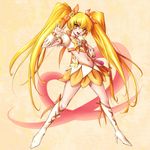  blonde_hair boots bow choker cure_sunshine hair_ribbon heart heart_of_string heartcatch_precure! izumo_(pixiv362913) knee_boots long_hair magical_girl midriff myoudouin_itsuki navel orange_bow orange_choker orange_skirt precure ribbon skirt solo twintails yellow yellow_background yellow_eyes 