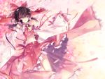  6u_(eternal_land) ascot bad_id bad_pixiv_id bow brown_hair detached_sleeves gohei hair_bow hair_ornament hakurei_reimu japanese_clothes kanzashi long_hair midriff petals red_eyes sarashi solo touhou 