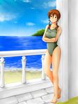  balcony bare_shoulders barefoot breasts brown_eyes brown_hair crossed_arms gertrud_barkhorn hair_ribbon highres isosceles_triangle_(xyzxyzxyz) medium_breasts ocean one-piece_swimsuit ribbon solo strike_witches swimsuit twintails world_witches_series 