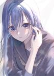  1girl blue_hair cometik_(idolmaster) fingernails grey_neckerchief highres idolmaster idolmaster_shiny_colors idolmaster_shiny_colors_song_for_prism long_hair looking_at_viewer nail_polish neckerchief school_uniform shirt suzuki_hana tucking_hair turquoise_ss 