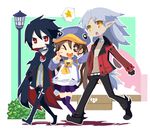  2boys backpack bad_id bad_pixiv_id bag blue_hat brown_eyes brown_hair cape collar disgaea fenrich_(disgaea) hat jacket kazamatsuri_fuuka long_hair makai_senki_disgaea_4 multiple_boys one_eye_closed open_clothes open_jacket orange_eyes pointy_ears prinny red_eyes sakurakunet school_uniform serafuku silver_hair skirt thighhighs twintails valvatorez_(disgaea) 