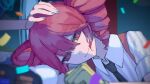  2girls alternate_costume black_necktie blue_nails closed_mouth collared_shirt confetti dark fingernails furuse_illust gloves hair_between_eyes hand_on_another&#039;s_head hashtag-only_commentary hatsune_miku head_rest highres kasane_teto looking_at_viewer mesmerizer_(vocaloid) multiple_girls necktie red_eyes red_hair shirt sleeves_rolled_up smile striped_clothes striped_shirt suspenders utau vocaloid wing_collar yellow_gloves 