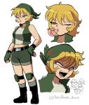  2boys 2girls absurdres bandana belt black_belt black_boots blank_eyes blonde_hair blowing_bubbles boots breasts brown_eyes commentary fingerless_gloves fio_germi frown glasses gloves green_bandana green_gloves green_shorts green_vest hand_on_own_hip highres kasamoto_eri knee_pads marco_rossi medium_breasts metal_slug multiple_boys multiple_girls one_eye_closed open_mouth pencilman_draws short_hair short_shorts shorts solo_focus tarma_roving twitter_username v-shaped_eyebrows vest 