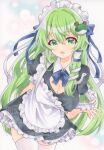  1girl alternate_costume apron blue_bow bow breasts bubble cleavage collared_shirt dot_nose double-parted_bangs frog_hair_ornament green_eyes green_hair hair_ornament hair_tubes highres kochiya_sanae large_breasts long_hair looking_at_viewer maid maid_apron maid_headdress marker_(medium) open_mouth shirt single_hair_tube single_sidelock snake_hair_ornament solo thighhighs thighs touhou traditional_media twitter_username upper_body very_long_hair watermark white_apron white_thighhighs yuiki_(cube) zettai_ryouiki 