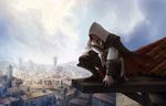  artist_request assassin's_creed_(series) assassin's_creed_ii cape day ezio_auditore_da_firenze gloves hood leap_of_faith male_focus scenery sky smile solo vambraces 