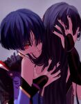  1boy 1girl alternate_eye_color alternate_hairstyle alternate_species armor artist_name bare_shoulders bite_mark bite_mark_on_shoulder biting_shoulder black_bodysuit black_gloves black_hair black_kimono black_nails black_sleeves blood_on_shoulder blue_leotard blue_sleeves blunt_ends blurry bodysuit depth_of_field detached_sleeves elbow_gloves genshin_impact gloves gold gold_trim grey_background hair_down hair_over_one_eye han&#039;eri hand_in_another&#039;s_hair hand_on_another&#039;s_back hand_on_another&#039;s_head head_on_another&#039;s_shoulder hetero highres japanese_armor japanese_clothes jewelry kimono kote kurokote layered_kimono leotard lower_eyelashes_only mona_(genshin_impact) moriko_ken11 neck_ring open_clothes open_hands open_kimono purple_hair purple_sleeves red_eyes red_kimono scaramouche_(genshin_impact) short_sleeves strapless strapless_leotard tsurime two-tone_sleeves vampire white_kimono 
