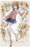  1girl ahoge arm_at_side birthday blue_overskirt blue_ribbon blue_skirt border breasts brown_eyes brown_hair card_(medium) cardigan center-flap_bangs closed_mouth collared_shirt commentary_request fingernails floating flower full_body gakuen_idolmaster half_updo hanami_ume hand_up hatsuboshi_gakuen_school_uniform idolmaster light_smile long_sleeves looking_at_viewer makeup medium_breasts medium_hair neck_ribbon oden100 ornate_border outside_border overskirt parted_bangs partially_unbuttoned pink_cardigan pleated_skirt ribbon school_uniform shirt sidelocks skirt smile solo three_quarter_view wavy_hair white_flower white_shirt yellow_flower 