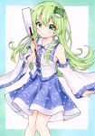  1girl bare_shoulders blue_border blue_skirt blush border breasts closed_mouth collared_shirt detached_sleeves dot_nose frog_hair_ornament gohei green_eyes green_hair hair_intakes hair_ornament hair_tubes highres holding holding_gohei kochiya_sanae long_hair long_sleeves looking_at_viewer marker_(medium) medium_breasts midriff_peek patterned_clothing print_skirt shirt single_hair_tube single_sidelock skirt skirt_set sleeveless sleeveless_shirt sleeves_past_wrists smile snake_hair_ornament solo touhou traditional_media twitter_username upper_body white_background wide_sleeves yuiki_(cube) 