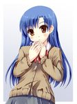  blue_hair brown_eyes cardigan cup idolmaster idolmaster_(classic) kisaragi_chihaya long_hair mug odayan solo 