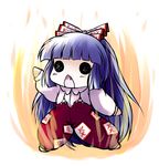  blue_hair chibi fang fire fujiwara_no_mokou hair_ribbon long_hair o_o pants ribbon solo suspenders touhou yume_shokunin 