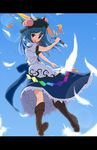  blue_hair boots colorized day eto feathers flying food fruit hat highres hinanawi_tenshi lens_flare letterboxed long_hair md5_mismatch no_nose nutsiqu open_mouth peach red_eyes sky smile solo sword sword_of_hisou touhou weapon 