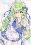  1girl adapted_costume alternate_costume apron bare_shoulders blue_bow bow breasts bubble detached_sleeves dot_nose double-parted_bangs dress frog_hair_ornament green_eyes green_hair hair_ornament hair_tubes highres kochiya_sanae large_breasts long_hair looking_at_viewer maid maid_apron maid_headdress marker_(medium) open_mouth patterned_clothing print_dress shirt single_hair_tube single_sidelock sleeve_bow snake_hair_ornament solo thighhighs thighs touhou traditional_media twitter_username upper_body very_long_hair watermark white_apron white_thighhighs yuiki_(cube) zettai_ryouiki 