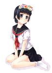  black_hair blue_eyes blush head_wreath kouji_(campus_life) sakugawa_school_uniform school_uniform serafuku short_hair simple_background skirt socks solo to_aru_kagaku_no_railgun to_aru_majutsu_no_index uiharu_kazari 