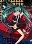  armpits bad_id bad_pixiv_id bug butterfly checkered checkered_background chin_rest dress elbow_gloves frills gensui gloves green_eyes green_hair hatsune_miku insect legs loafers long_hair shoes single_thighhigh sitting solo thighhighs twintails very_long_hair vocaloid 