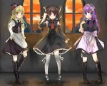  alternate_costume bad_id bad_pixiv_id blonde_hair bow broom brown_hair crescent crescent_hair_ornament etou_(cherry7) gothic gothic_lolita hair_ornament hakurei_reimu hat highres kirisame_marisa lolita_fashion multiple_girls patchouli_knowledge purple_eyes purple_hair red_eyes thighhighs touhou yellow_eyes 