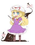  blonde_hair blue_eyes boots chibi dress elbow_gloves fan folding_fan gap gloves hair_ribbon hat inishie melting ribbon solo touhou white_gloves yakumo_yukari 