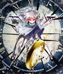  braid clock ghostzxt gloves izayoi_sakuya knife maid maid_headdress pocket_watch red_eyes silver_hair single_glove solo touhou twin_braids watch 