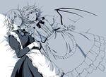  bad_id bad_pixiv_id bat_wings bow bowtie braid green_eyes holding_hands inuzuka_bouru izayoi_sakuya long_sleeves looking_at_another lying maid monochrome multiple_girls no_hat no_headwear on_back open_mouth puffy_short_sleeves puffy_sleeves red_eyes remilia_scarlet short_sleeves smile spot_color touhou twin_braids wings wrist_cuffs yuri 
