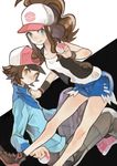  1girl 9_(saki-ooo-kiyu) bad_id bad_pixiv_id baseball_cap blue_eyes brown_eyes brown_hair denim denim_shorts hat jacket poke_ball pokemon pokemon_(game) pokemon_bw ponytail shorts sitting touko_(pokemon) touya_(pokemon) vest 