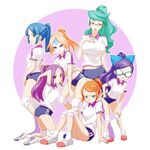  ass barazono_han blue_eyes blue_hair breasts buruma glasses green_hair hasuike_an inazuma_eleven inazuma_eleven_(series) junjou_wear kori_(etinop) kurakake_clara kurione_yuki large_breasts long_hair mask multiple_girls nitou_honoka orange_hair ponytail purple_hair ribbon touchi_ai 