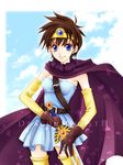  bad_id bad_pixiv_id blue_eyes brown_hair cape circlet dragon_quest dragon_quest_iii earrings elbow_gloves gloves jewelry miele roto short_hair smile solo sword thighhighs weapon 