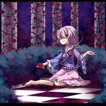  barefoot checkered checkered_floor flower hairband heart highres komeiji_satori letterboxed mikan_(ama_no_hakoniwa) on_floor petals pillar purple_hair red_eyes red_flower red_rose rose rose_petals short_hair sitting solo third_eye touhou wariza 