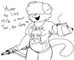 accent anthro bigtrog84 breasts british british_accent british_shorthair clothing dialogue domestic_cat felid feline felis female gromit_mug gun hair hair_over_eyes humor m3_grease_gun mammal print_clothing print_shirt print_t-shirt print_topwear ranged_weapon shirt sketch slightly_chubby smile solo submachine_gun t-shirt top_gear topwear weapon