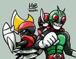  back-to-back bad_id bad_pixiv_id bisharp creature gen_5_pokemon green_background kamen_rider kamen_rider_1 look-alike looking_at_viewer pawniard pokemon pokemon_(creature) pokemon_(game) pokemon_bw simple_background spikes stixdude 