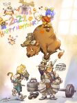  1girl 2021 2boys ^_^ absurdres adelbert_steiner armor artist_name blonde_hair blue_hair blue_pants blue_ribbon blue_vest blue_wrist_cuffs bow brahne_raza_alexandros_xvi breastplate bucket bull chinese_zodiac cid_fabool_ix closed_eyes dumbbell eiko_carol english_commentary english_text final_fantasy final_fantasy_ix flute gauntlets gloves green_gloves hair_bow handprint happy_new_year helmet highres holding holding_instrument horns instrument itahana_toshiyuki looking_up mini_wings monkey_tail moogle multiple_boys music musical_note neck_ribbon open_clothes open_vest pants playing_flute playing_instrument ribbon second-party_source shirt short_hair shoulder_armor single_horn speech_bubble tail tail_raised vest vivi_ornitier white_horns white_shirt white_wings wings wrist_cuffs year_of_the_ox yellow_bow zidane_tribal 